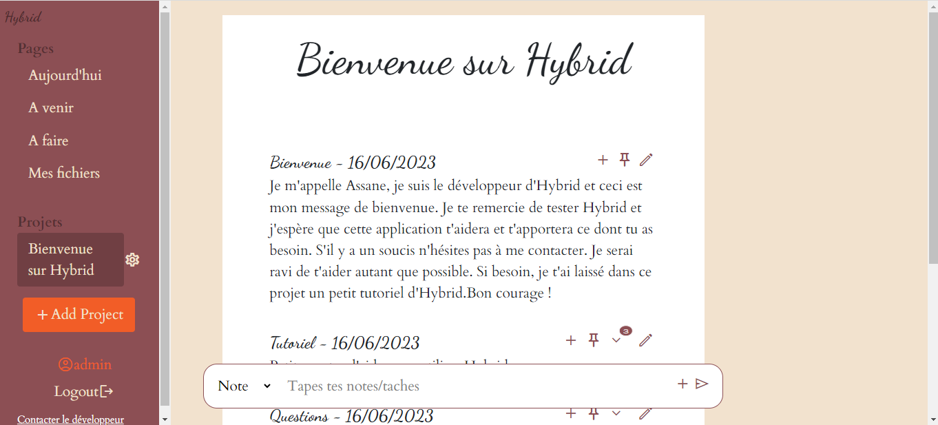 Projet d'accueil 'Bienvenue sur Hybrid'